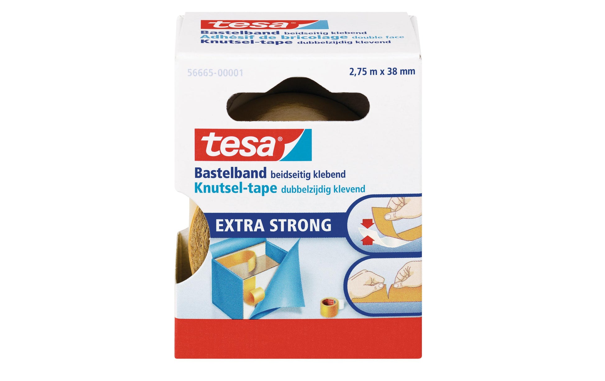 TESA Doppelseitiges Klebeband – permanent, glatt, Kunststoff, 38 mm × 2,75 m, weiss, Kern Ø 26 mm