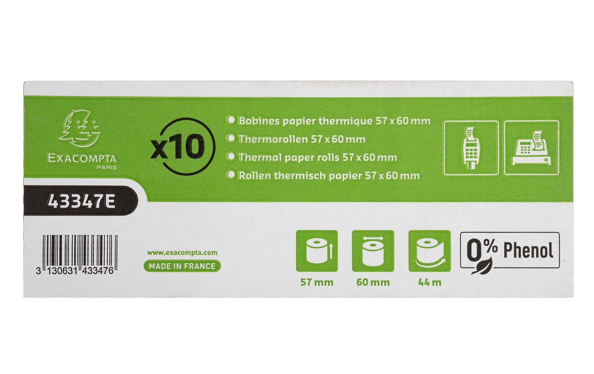 Exacompta Thermorolle 57×44 m×12 mm, 55 g/m², phenolfrei – 10 Rollen