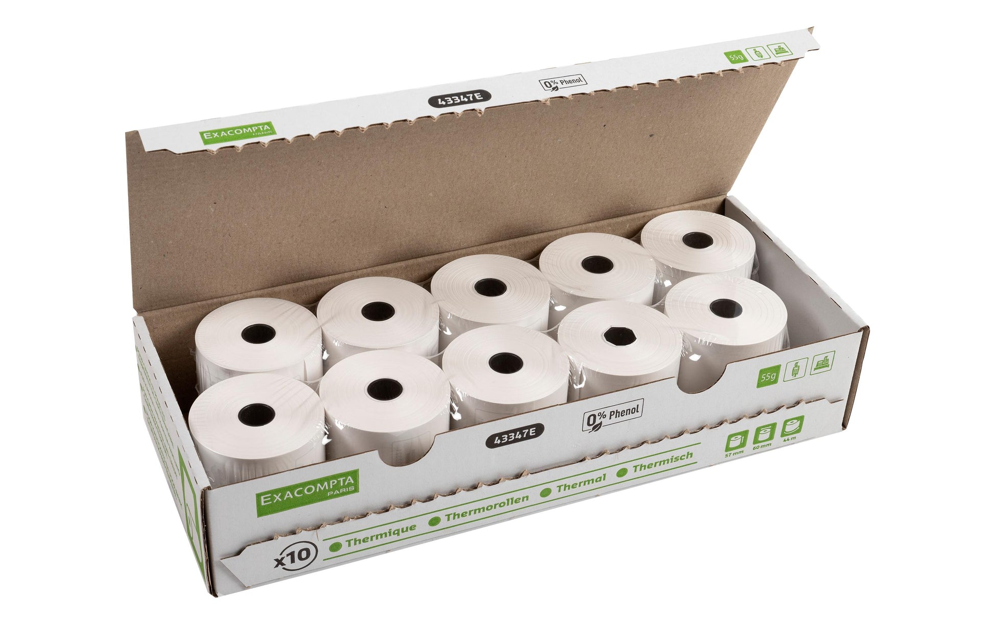 Exacompta Thermorolle 57×44 m×12 mm, 55 g/m², phenolfrei – 10 Rollen