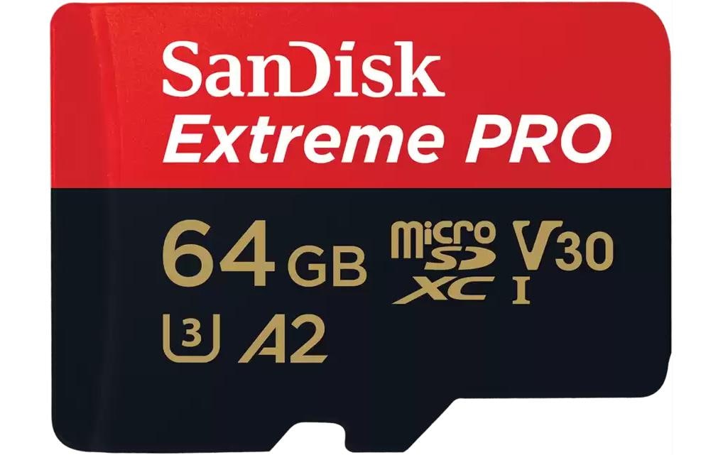 SanDisk Extreme Pro microSDXC – 64 GB, 200 MB/s Lesen, 90 MB/s Schreiben, A2, C10, V3, inkl. SD-Adapter