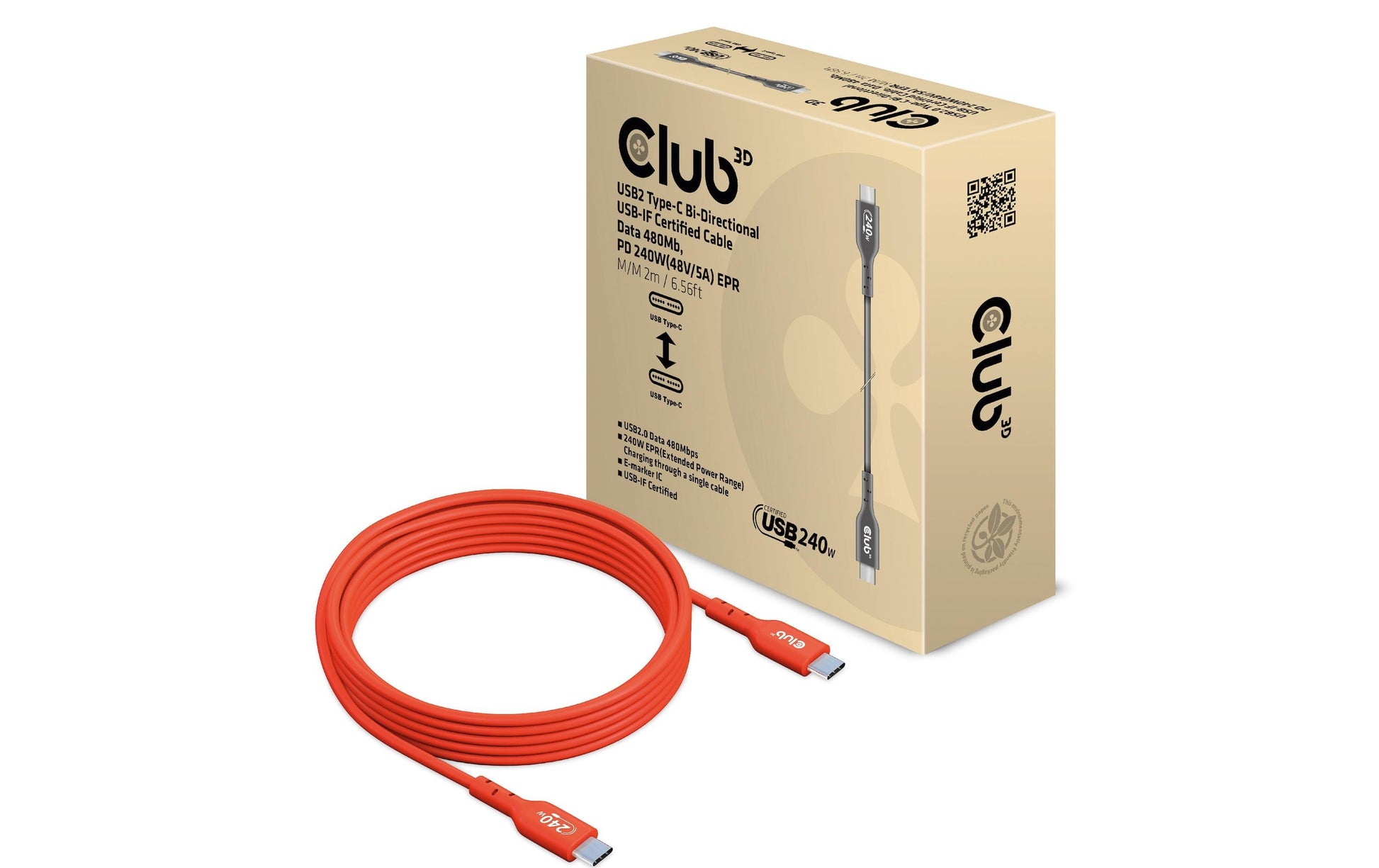 CLUB3D Club 3D – USB-C auf USB-C Kabel – USB4 20 Gbit/s – 2 m – PD 240 W – USB-IF zertifiziert – Rot
