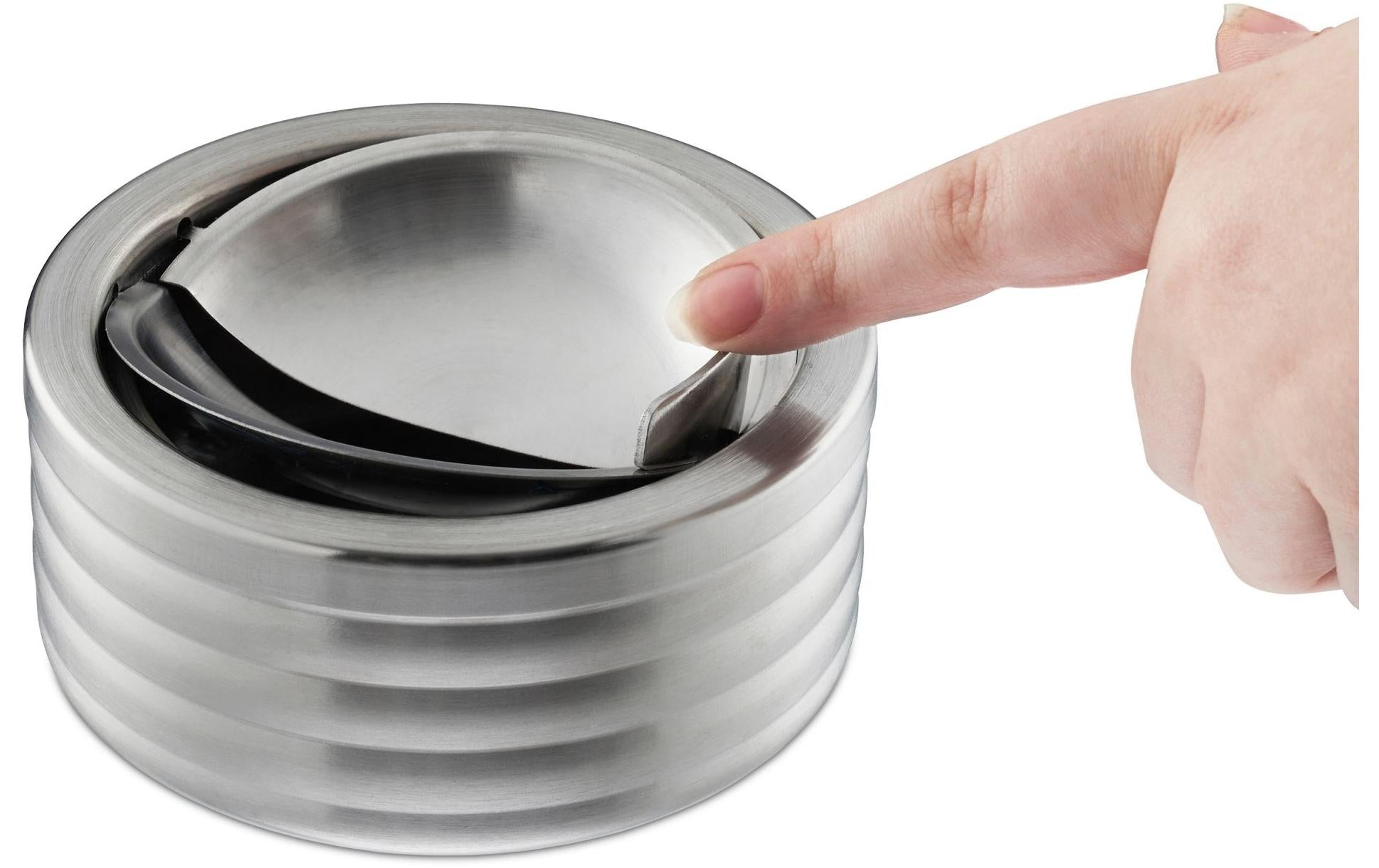 Relaxdays Aschenbecher mit Deckel – Silber – Ø 11,5 cm × 5,5 cm – Edelstahl – 1 Stk