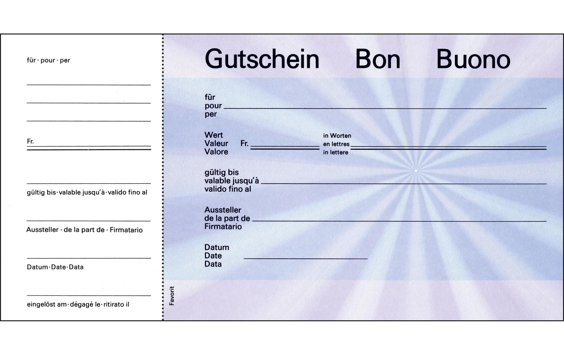 Favorit Formularblock – Geschenk-Gutscheine, Deutsch, Französisch, Italienisch, 25 Blatt, 205 × 105 mm