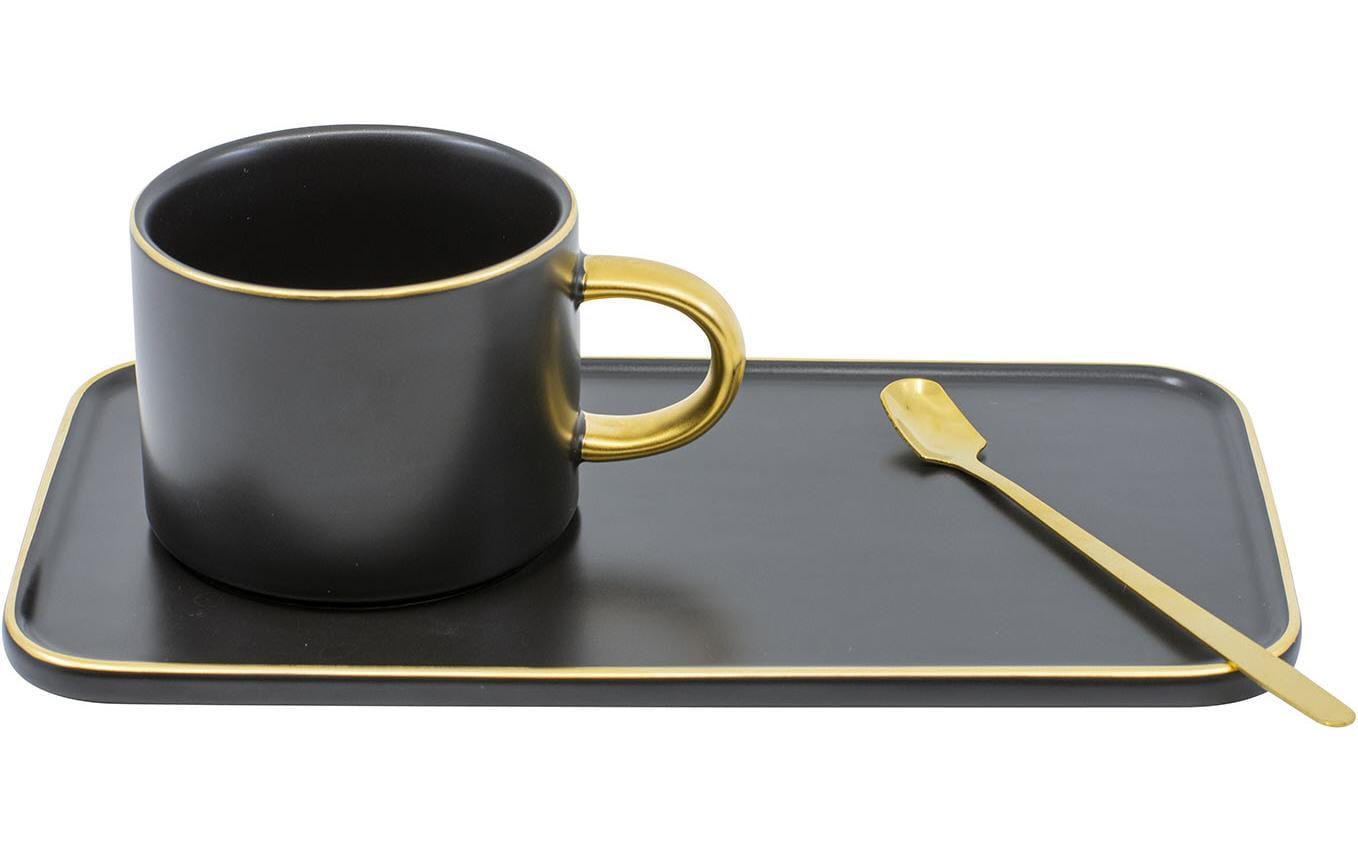 Kadastar Kaffee-Set Elegance – 3-teiliges Set, 200 ml, Ø 8 cm, Keramik, Schwarz, handbemalt