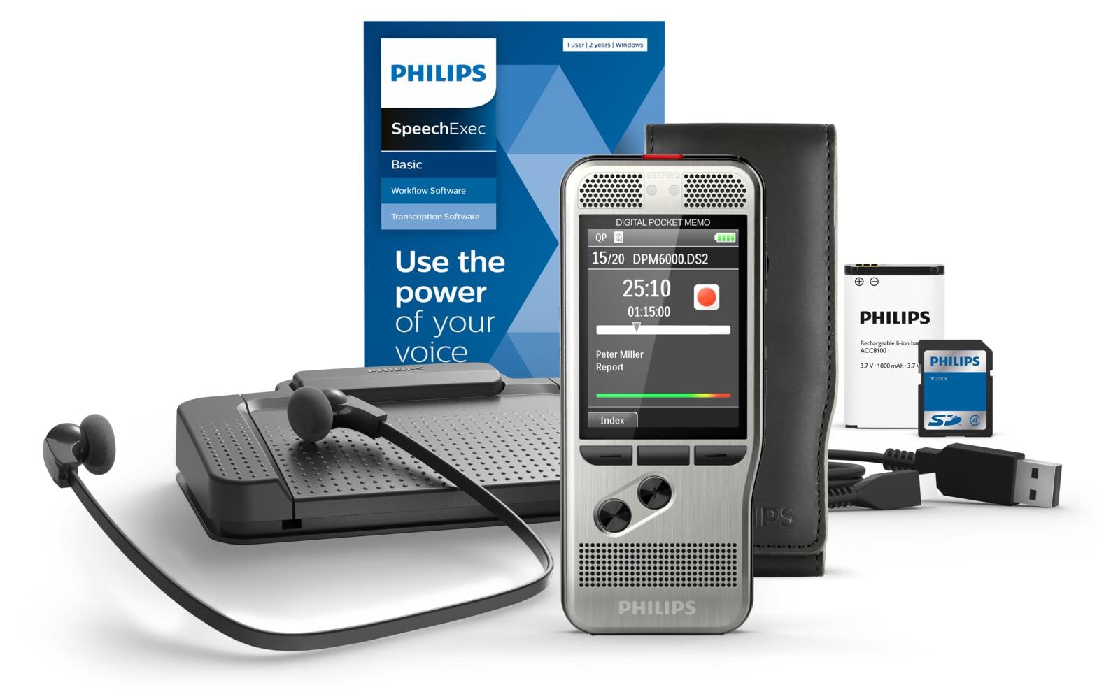 Philips DPM6700 Starter-Set – Diktiergerät + Transkriptionsset, 32 GB, Fusssteuerung, SpeechExec Basic