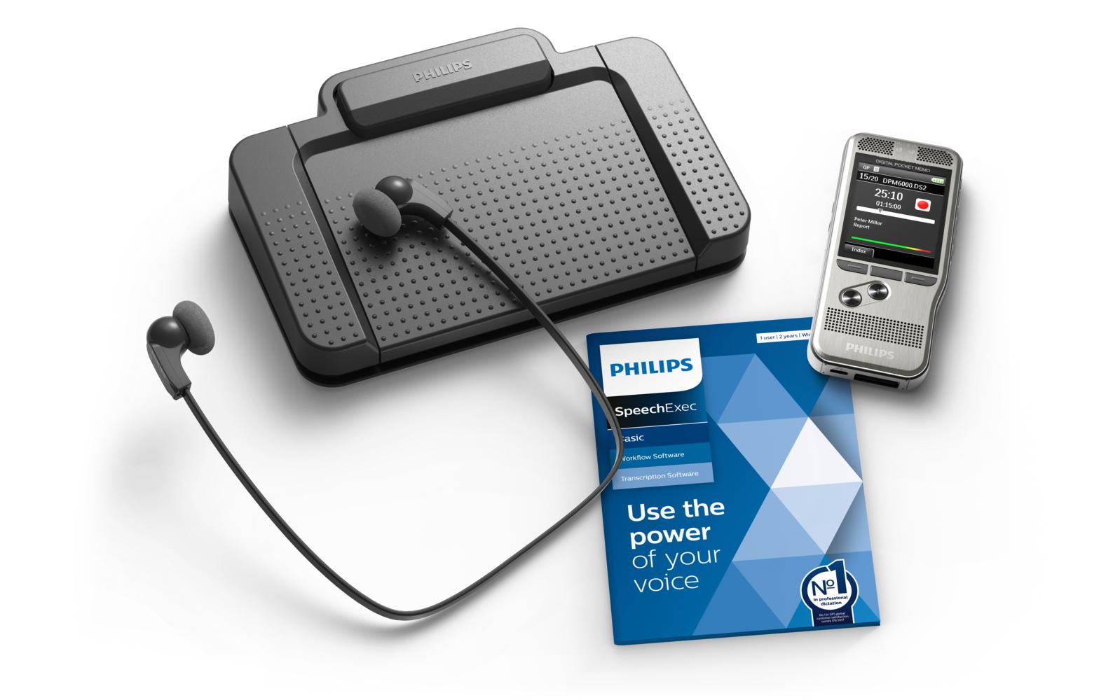 Philips DPM6700 Starter-Set – Diktiergerät + Transkriptionsset, 32 GB, Fusssteuerung, SpeechExec Basic