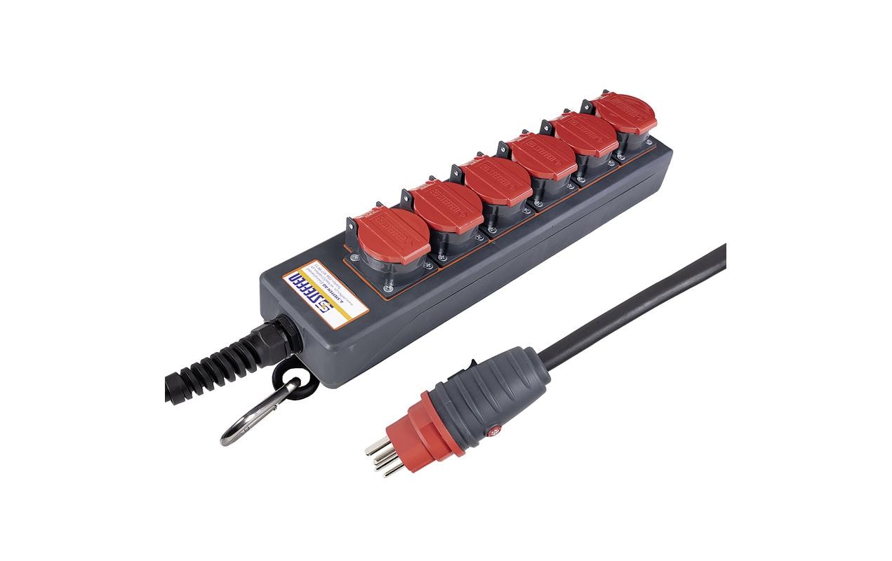 Steffen IP55 Professional Steckdosenleiste, 6×T25, 5 m, Klappdeckel, Eingang T25, IP55 – Rot