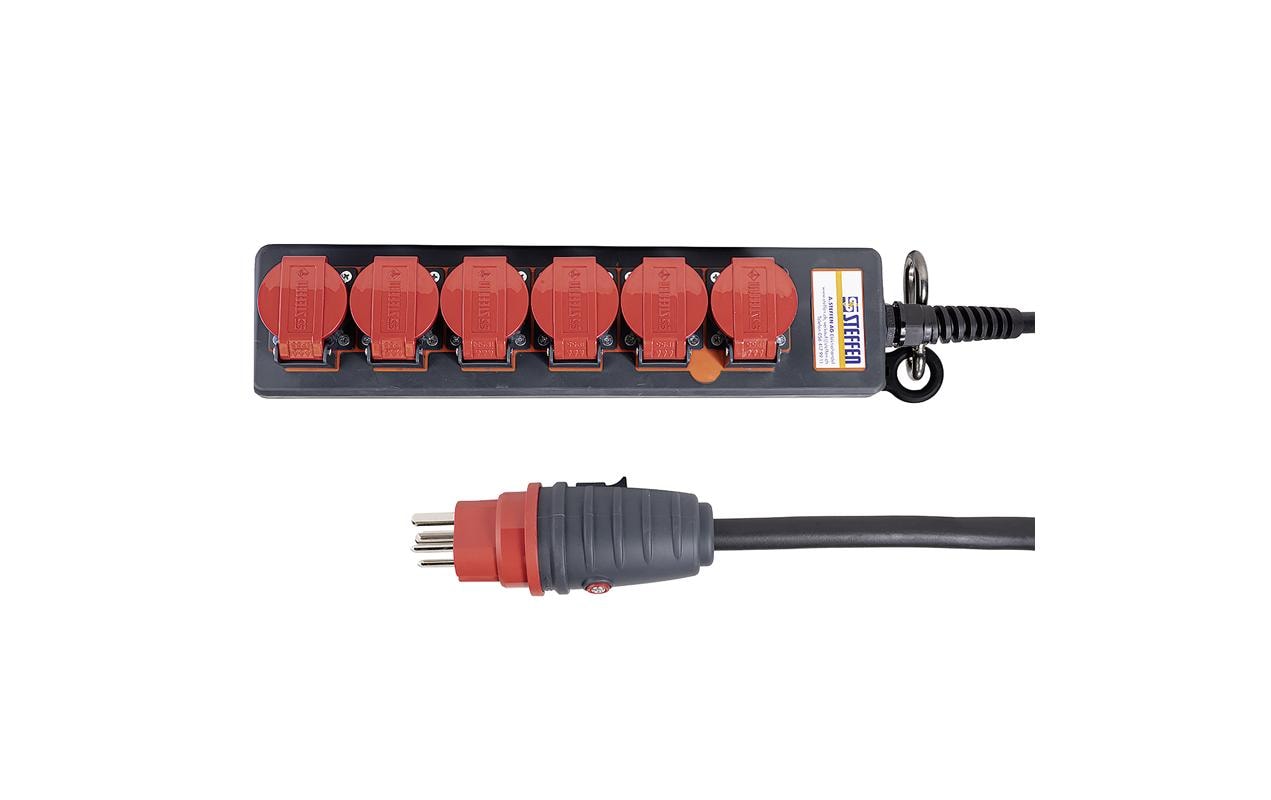 Steffen IP55 Professional Steckdosenleiste, 6×T25, 5 m, Klappdeckel, Eingang T25, IP55 – Rot
