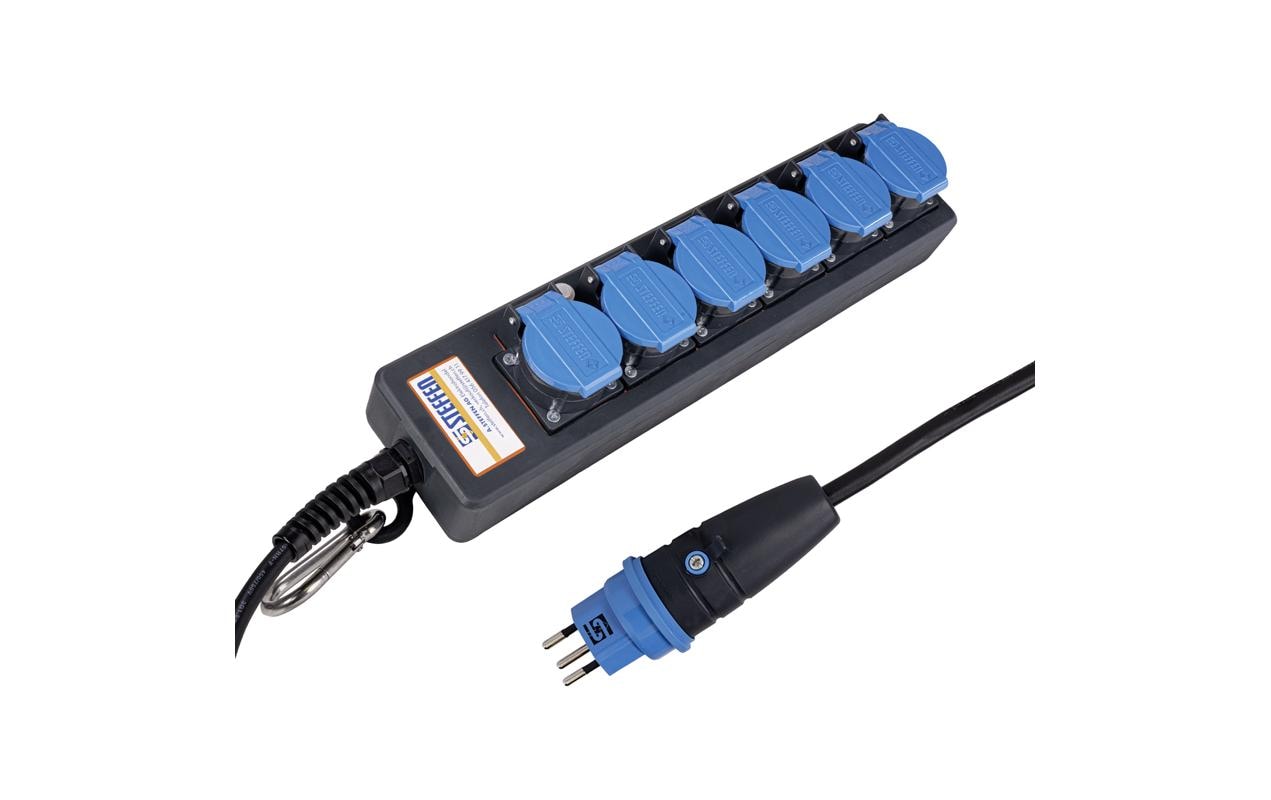 Steffen IP55 Professional Steckdosenleiste, 6×T13, ohne Schalter, 5 m, Eingang T12 – schwarz/blau