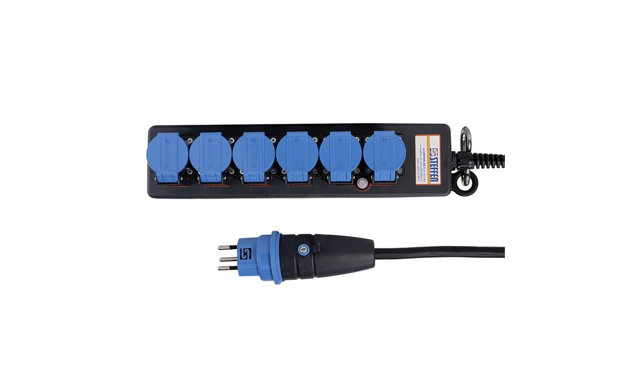 Steffen IP55 Professional Steckdosenleiste, 6×T13, ohne Schalter, 5 m, Eingang T12 – schwarz/blau