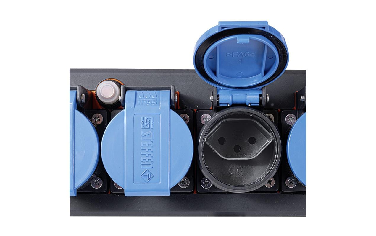 Steffen IP55 Professional Steckdosenleiste, 6×T13, ohne Schalter, 5 m, Eingang T12 – schwarz/blau