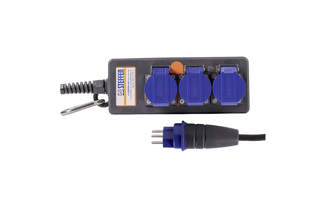 Steffen IP55 Professional Steckdosenleiste, 3×T23, ohne Schalter, 3 m, Klappdeckel – Anthrazit/Blau