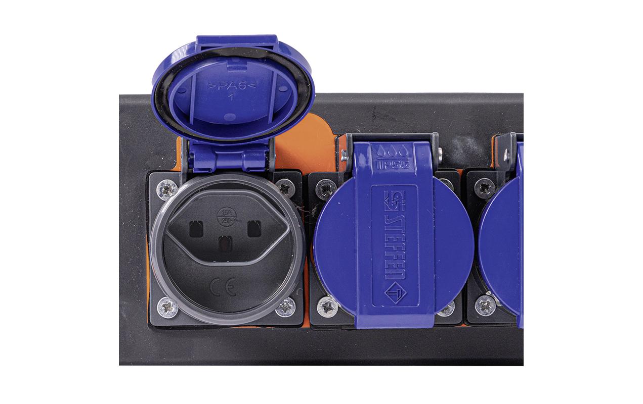 Steffen IP55 Professional Steckdosenleiste, 3×T23, ohne Schalter, 3 m, Klappdeckel – Anthrazit/Blau