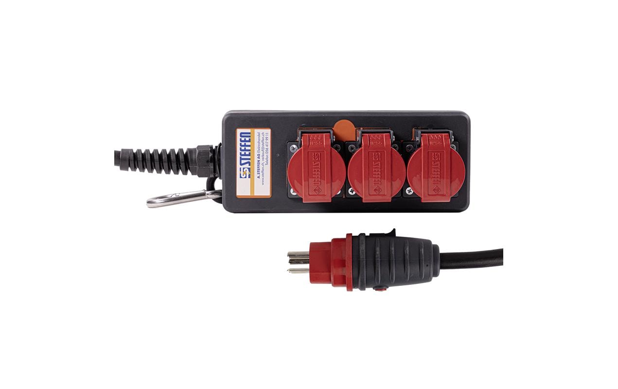 Steffen IP55 Professional Steckdosenleiste, 3×T25, 3 m, Klappdeckel – Rot