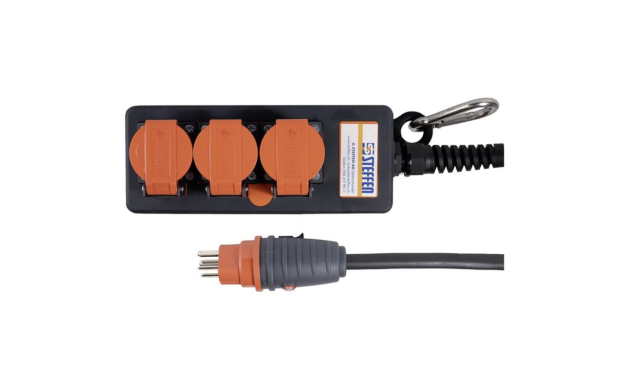 Steffen IP55 Professional Steckdosenleiste – 3×T15, ohne Schalter, 3 m, Klappdeckel, IP55 – schwarz