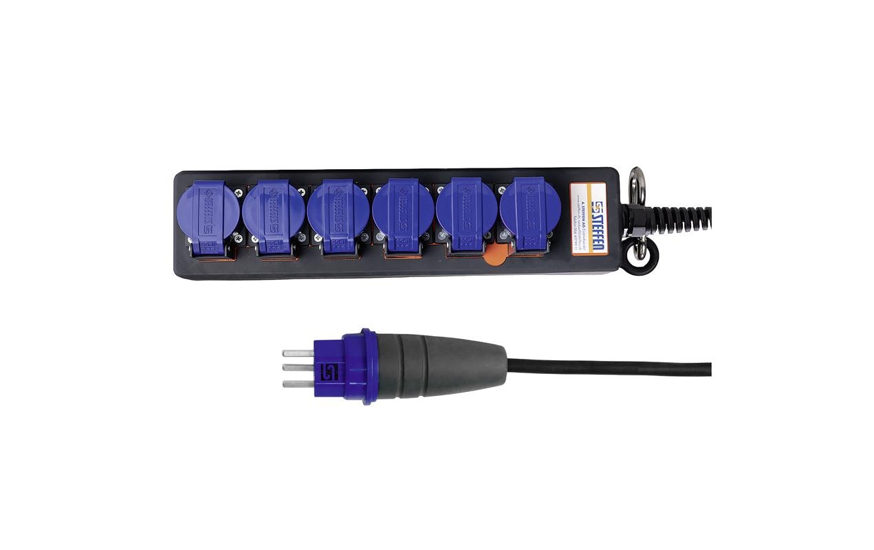 Steffen IP55 Professional Steckdosenleiste, 6×T23, 5 m, Eingang T23, Klappdeckel – Schwarz/Blau