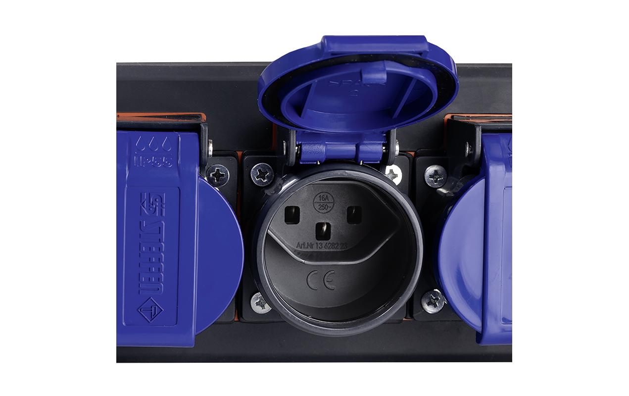Steffen IP55 Professional Steckdosenleiste, 6×T23, 5 m, Eingang T23, Klappdeckel – Schwarz/Blau