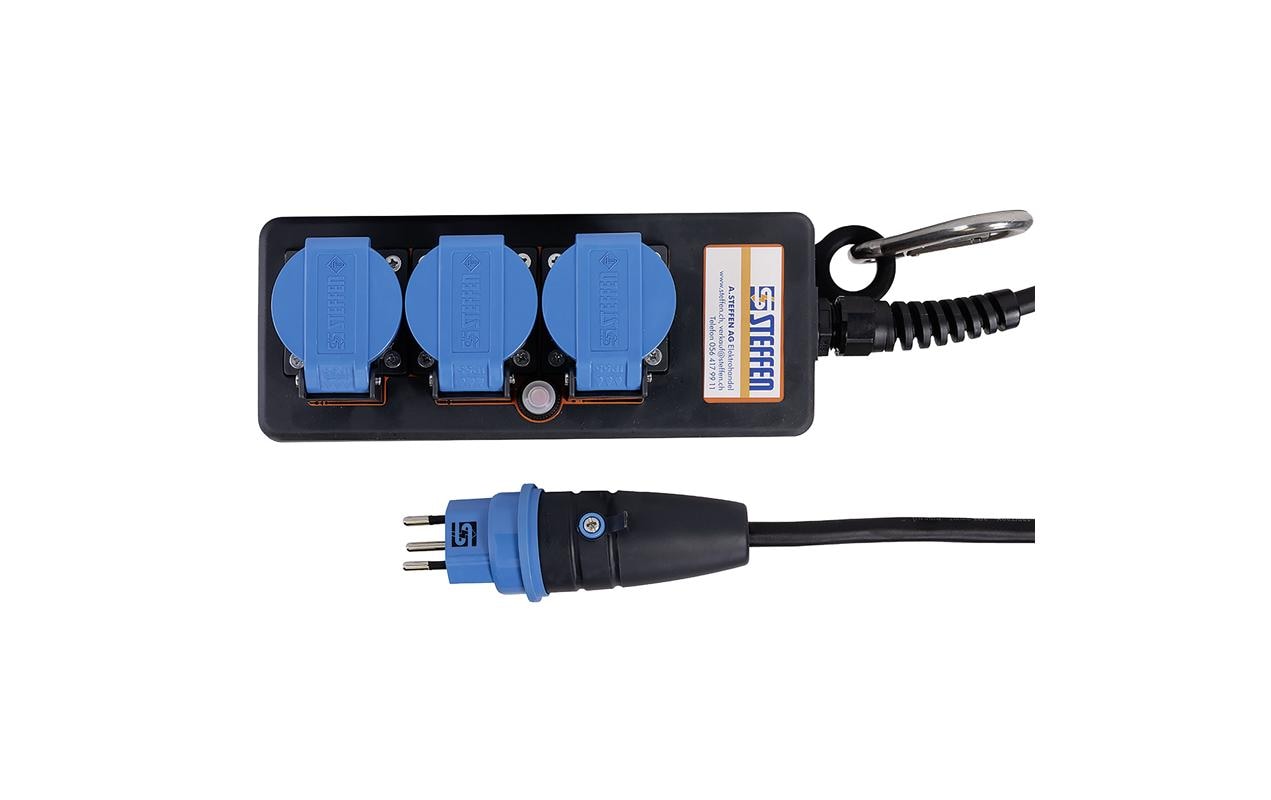 Steffen IP55 Professional Steckdosenleiste, 3×T13, ohne Schalter, 3 m, Eingang T12, IP55 – schwarz/blau