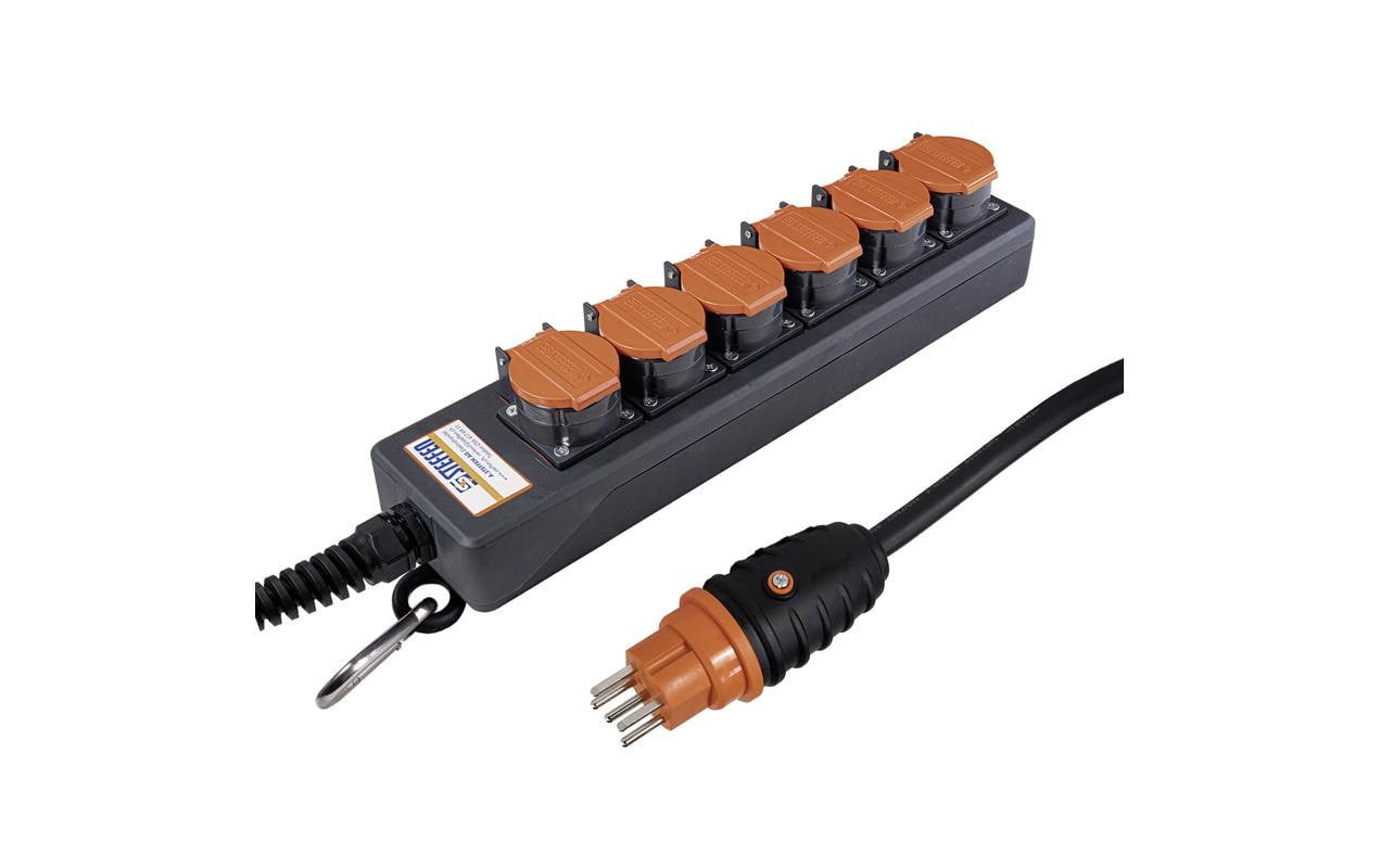 Steffen IP55 Professional Steckdosenleiste, 6×T15, 5 m, IP55, Eingang T15, Klappdeckel – Schwarz
