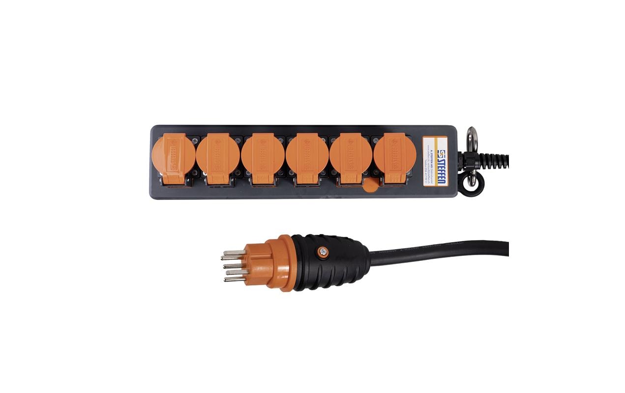 Steffen IP55 Professional Steckdosenleiste, 6×T15, 5 m, IP55, Eingang T15, Klappdeckel – Schwarz