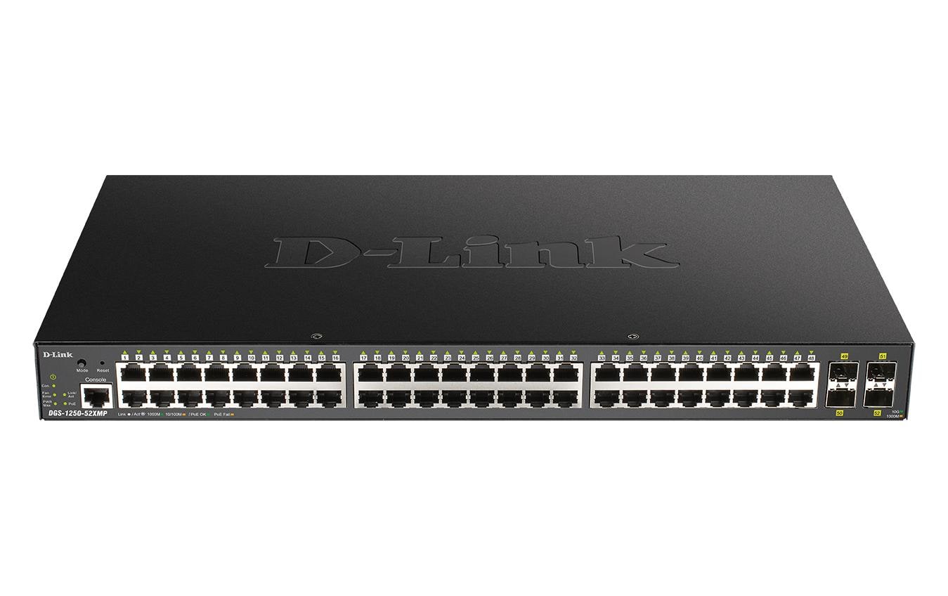 D-Link DGS-1250-52XMP – Verwalteter L3 Switch – 48× 1G, 4× SFP+, PoE+, PoE-Budget 370 W, 19", 1U