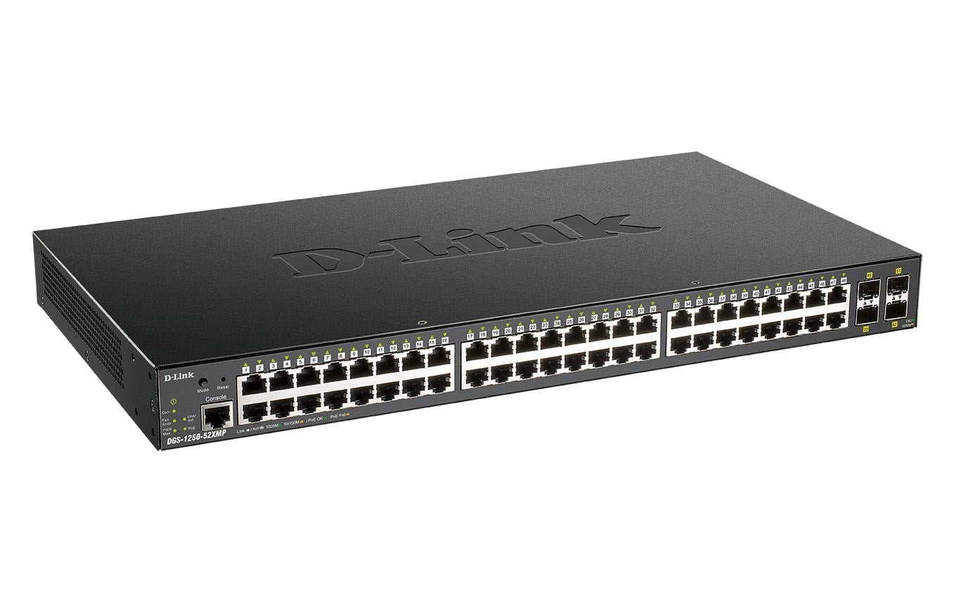 D-Link DGS-1250-52XMP – Verwalteter L3 Switch – 48× 1G, 4× SFP+, PoE+, PoE-Budget 370 W, 19", 1U