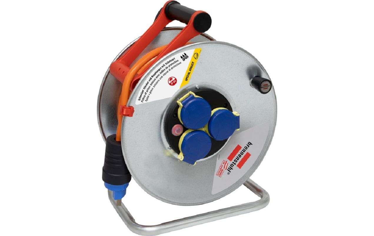 Brennenstuhl Kabelrolle, 25 m, 3×T23, IP55, Drehkontakt, Traggriff, Eingang T23 – Orange