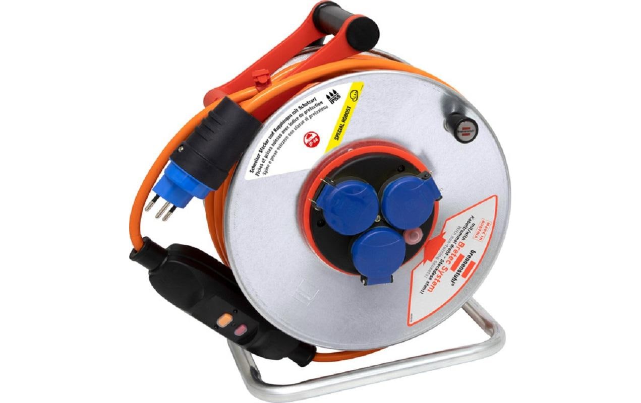 Brennenstuhl SK FI Bretec 240 Kabelrolle, 25 m, 3×T13, IP55, Drehkontakt – Orange