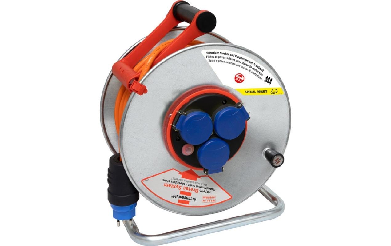 Brennenstuhl Kabelrolle, 50 m, 3×T13, IP55, Drehkontakt, verzinktes Traggestell, Eingang T12 – orange