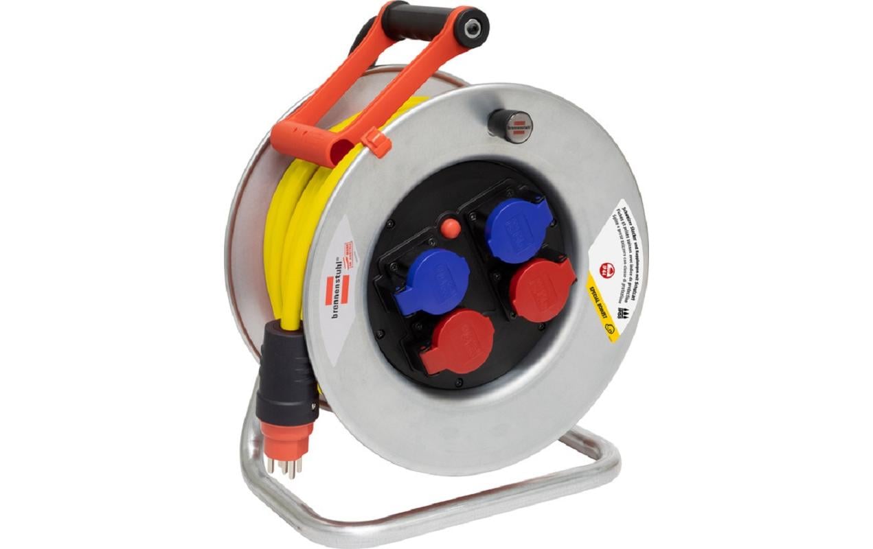 Brennenstuhl Kabelrolle, 25 m, 4×T23, IP55, Drehkontakt, Überhitzungsschutz, Stecker T25 – Gelb
