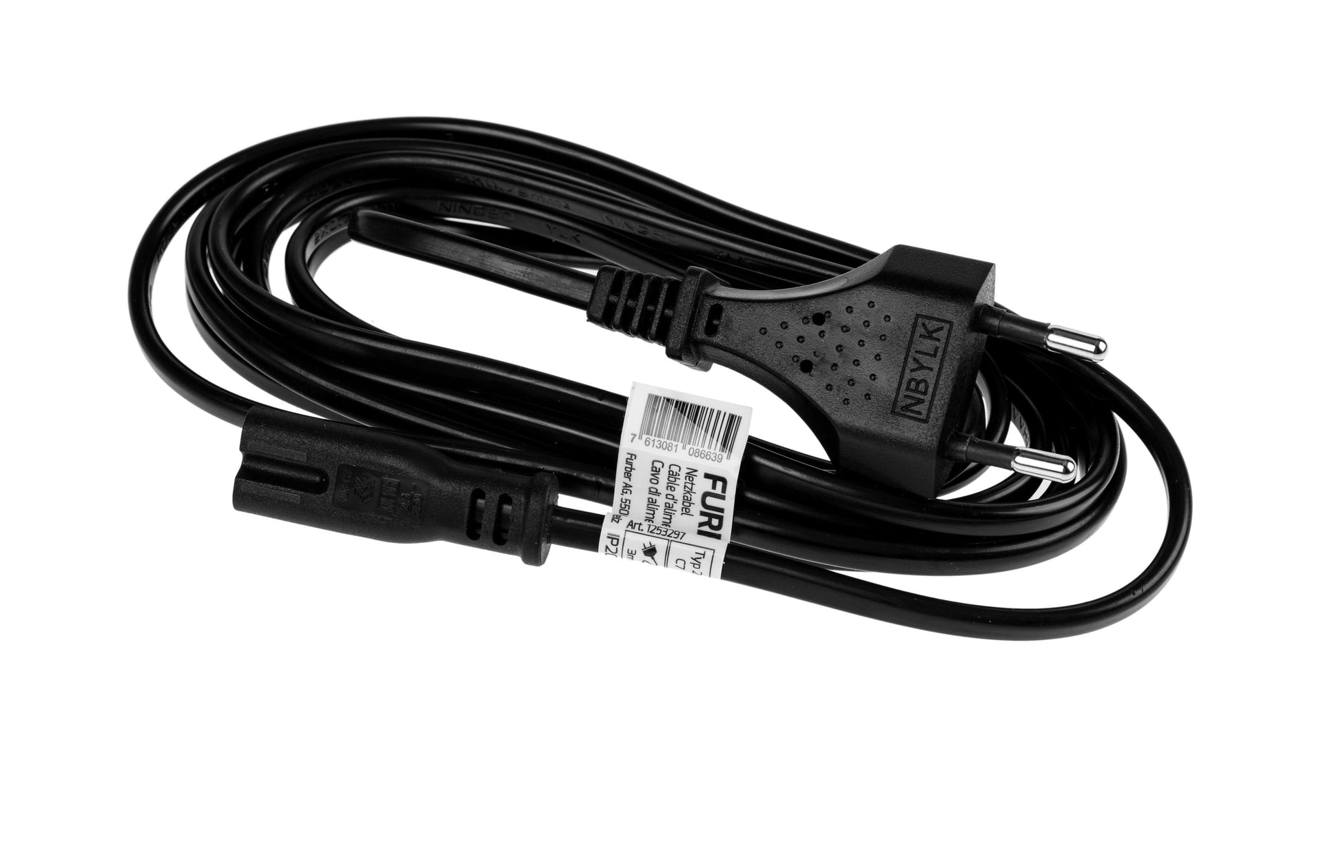 Furber. Netzkabel – T26–IEC C7, 3 m, 2,5 A, Schwarz