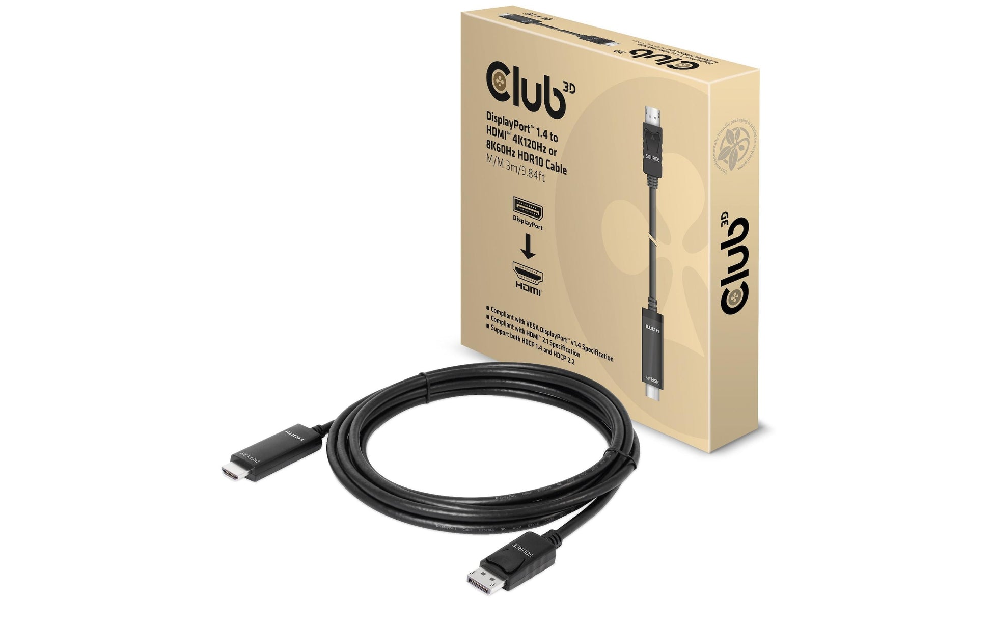 CLUB3D DisplayPort auf HDMI Kabel DP 1.4 8K 60 Hz – 3 m – HDR – für Windows, Mac