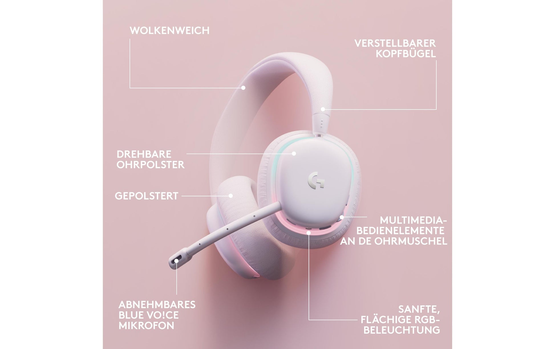 Logitech G G735 Gaming-Headset – Over-Ear, Stereo, Kabel + BT, mit USB-A-Dongle, Weiss