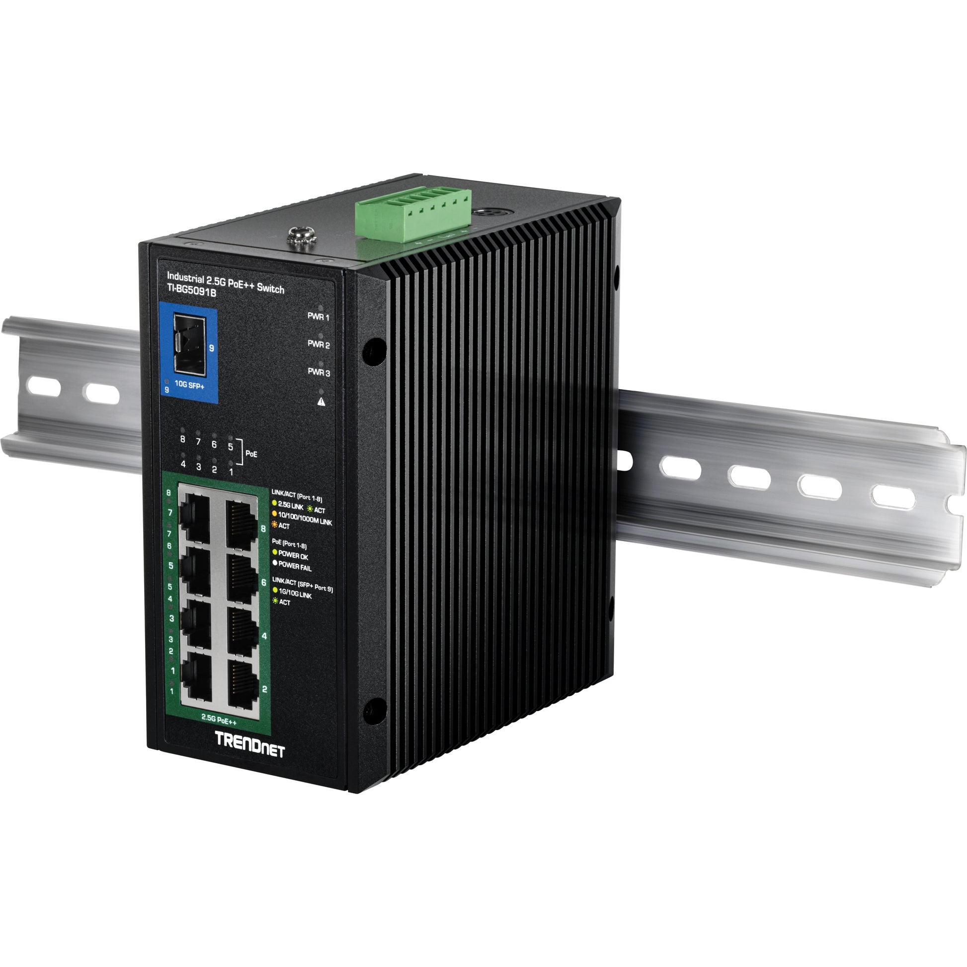 TRENDnet TI-BG5091B – Unmanaged Switch – 8× 2.5G PoE++, 1× SFP+, PoE-Budget 480 W, DIN-Rail
