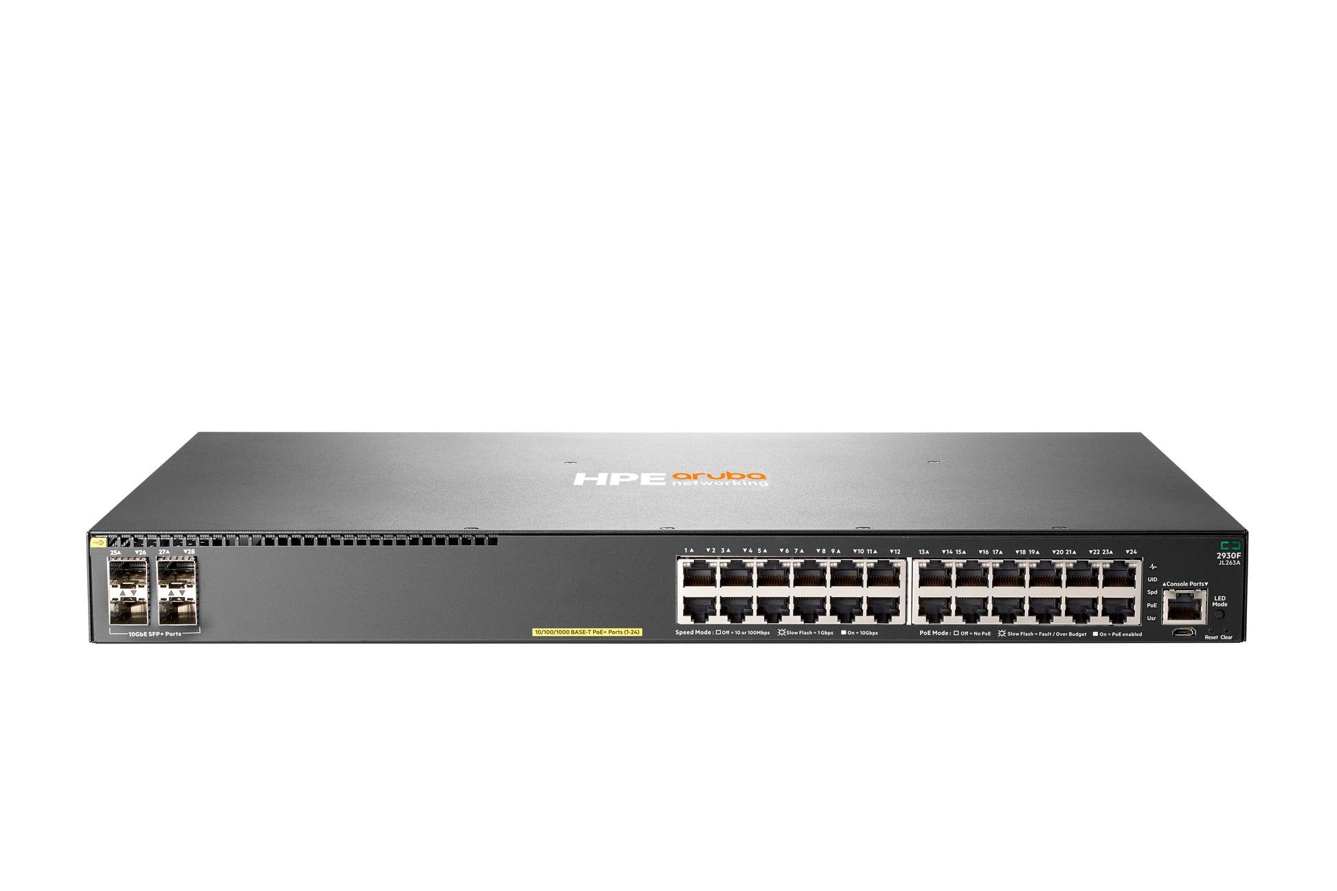 HPE Aruba Networking 2930F 24G – Managed L3 Switch – 24× 1G, 4× SFP+, PoE+, PoE-Budget 370 W, 19", 1U