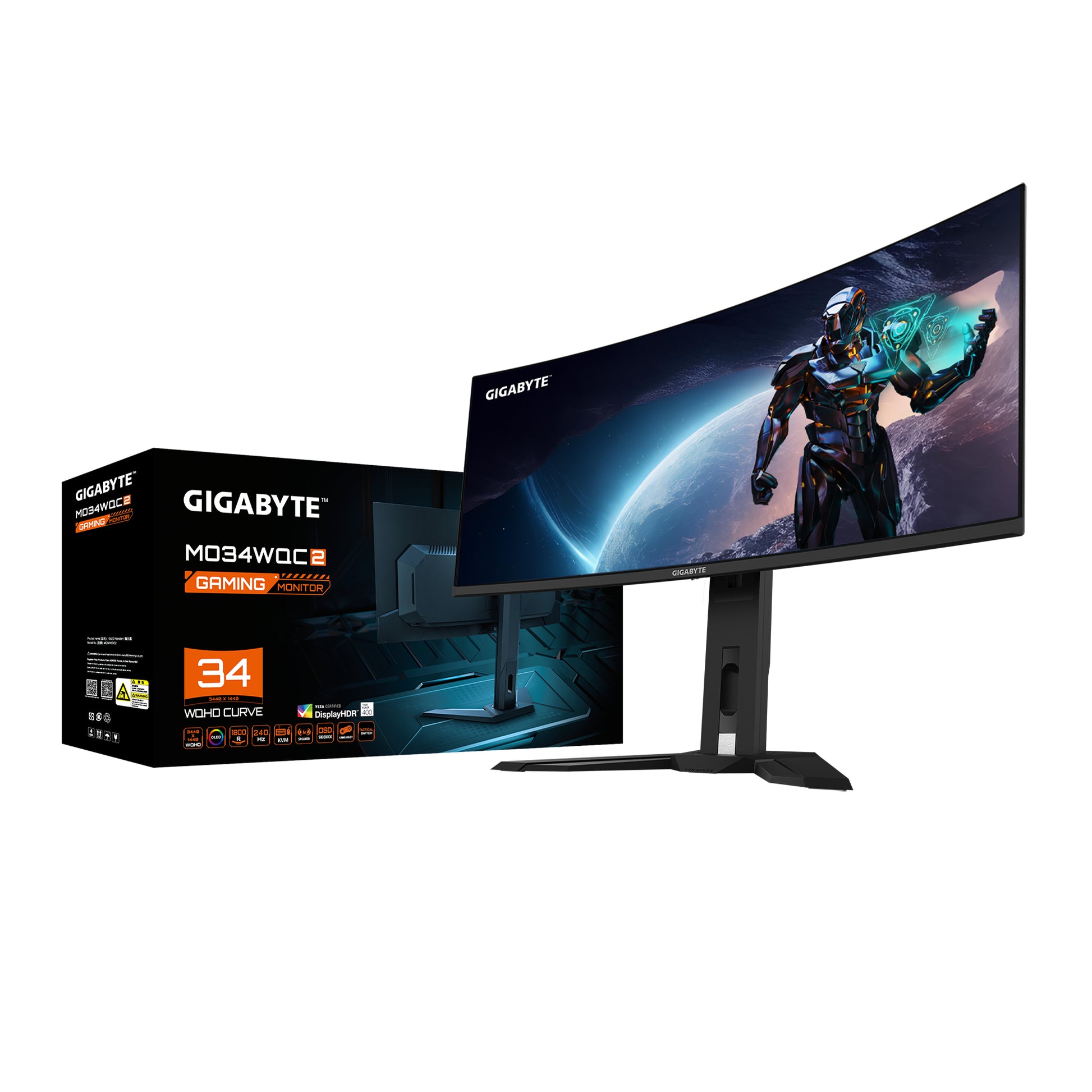 GIGABYTE MO34WQC2 – Monitor, 34", 3440 × 1440, OLED, 240 Hz, 250 cd/m², 2× HDMI 2.1, 1× DisplayPort 1.4, USB‑C
