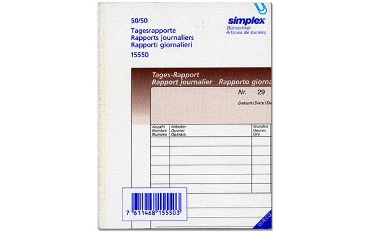 Simplex Formularblock – Tages-Rapporte, mehrsprachig, 50 Blatt, A6