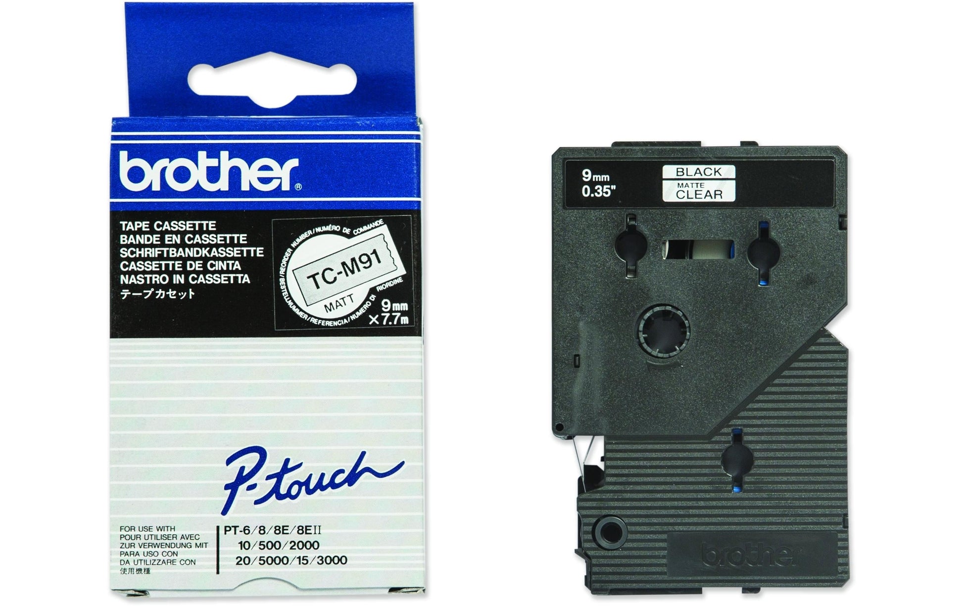 Brother Schriftband – 9 mm × 7,7 m, transparent matt, schwarz