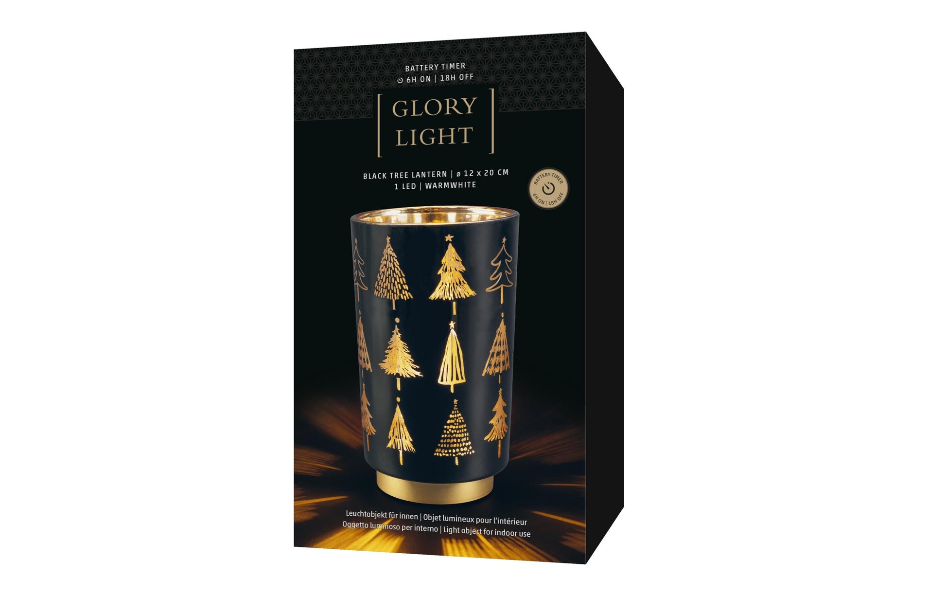 STT Dekoratives Licht Glas Baum Laterne M – Ø 12 × 20 cm, warmweiss, schwarz, batteriebetrieben, Timer
