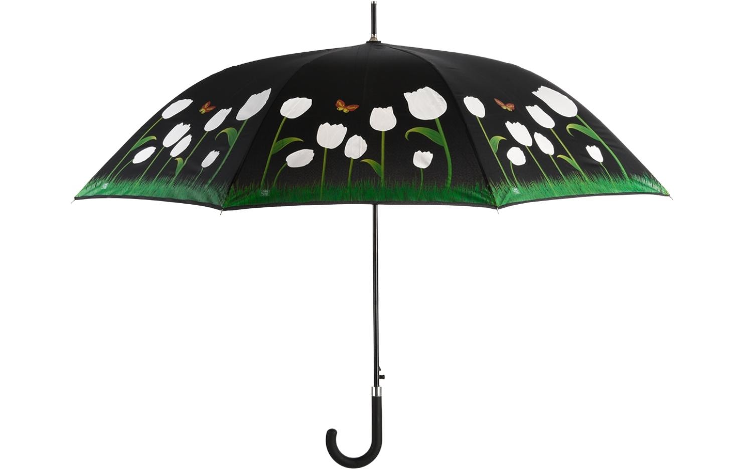 Esschert Design Stockschirm Tulpen – Auf-/Zu-Automatik, Ø 116,5 cm, L 91,2 cm – Schwarz – Farbwechsel bei Regen