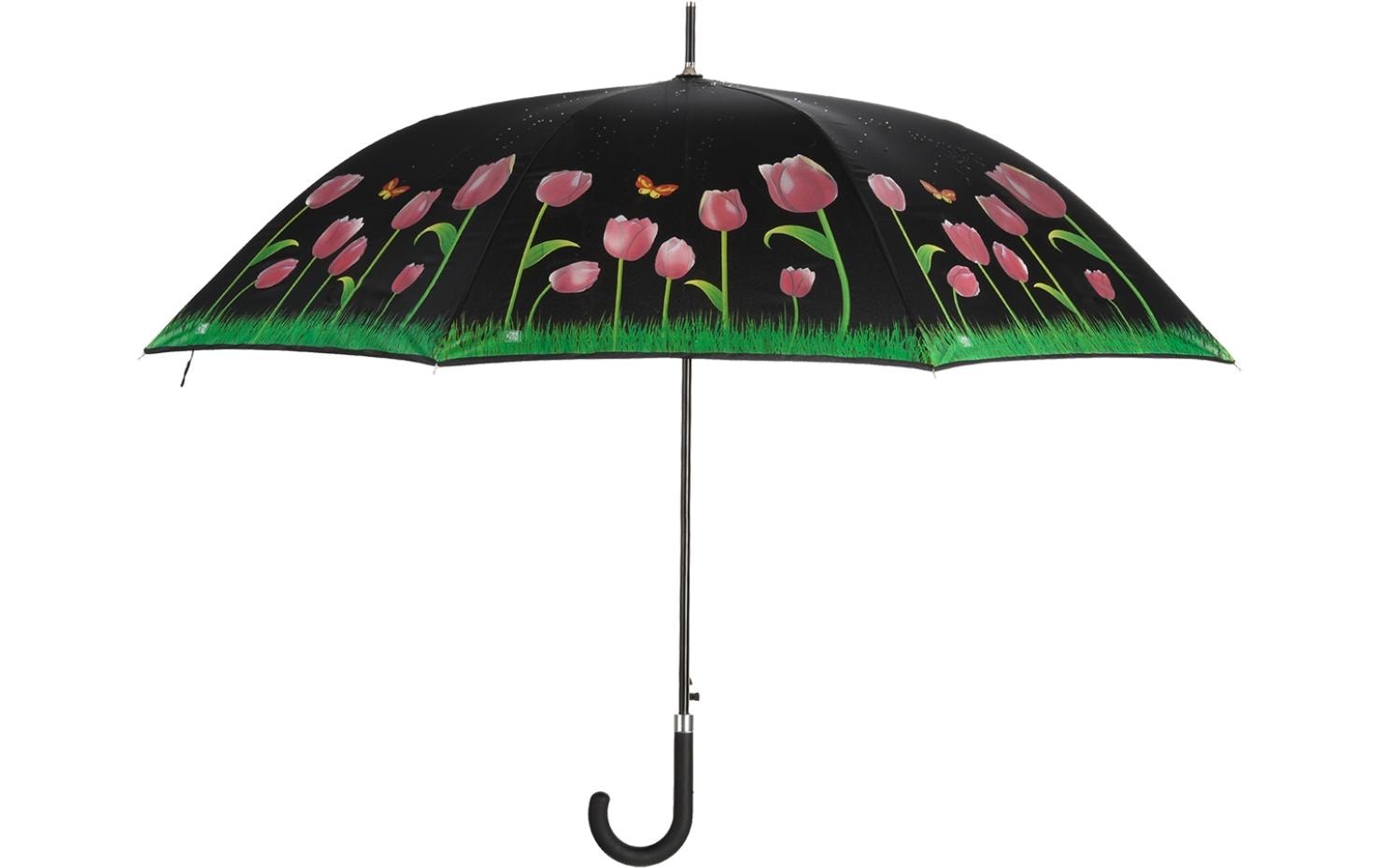 Esschert Design Stockschirm Tulpen – Auf-/Zu-Automatik, Ø 116,5 cm, L 91,2 cm – Schwarz – Farbwechsel bei Regen
