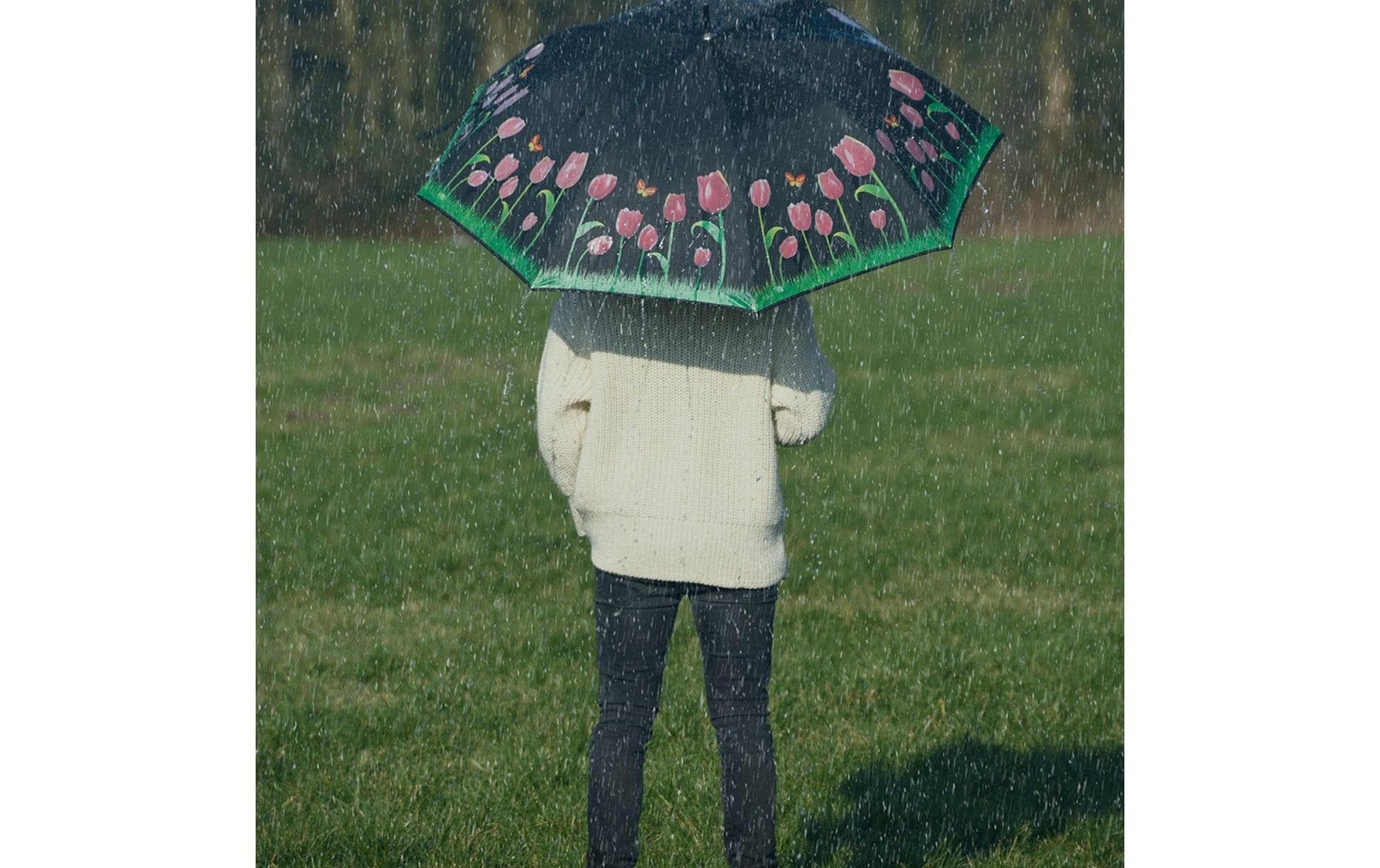 Esschert Design Stockschirm Tulpen – Auf-/Zu-Automatik, Ø 116,5 cm, L 91,2 cm – Schwarz – Farbwechsel bei Regen
