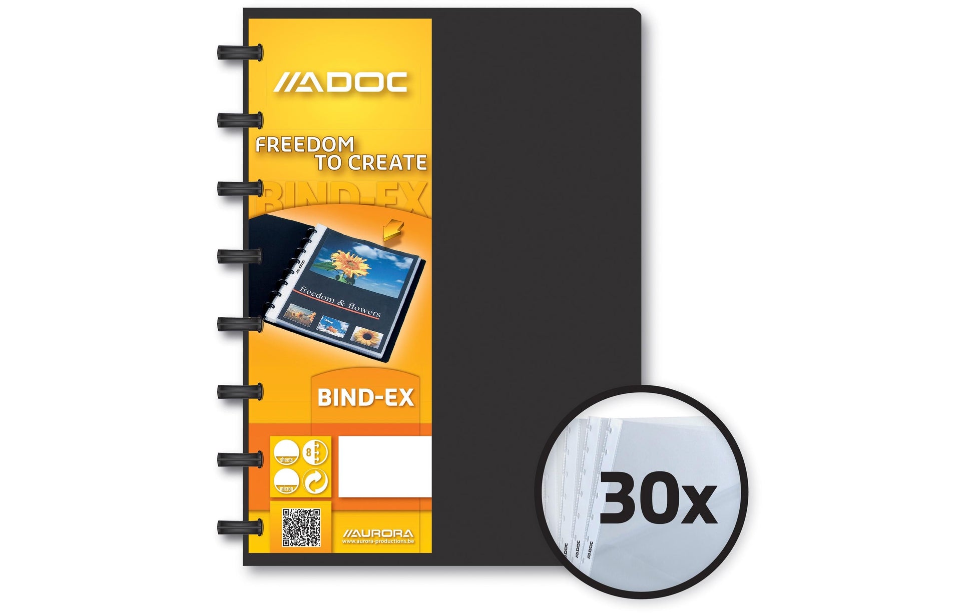 Adoc Bind-Ex Aurora Sichtbuch – 30 Sichttaschen, A5, austauschbar, genarbt, antireflex, schwarz, Kunststoff