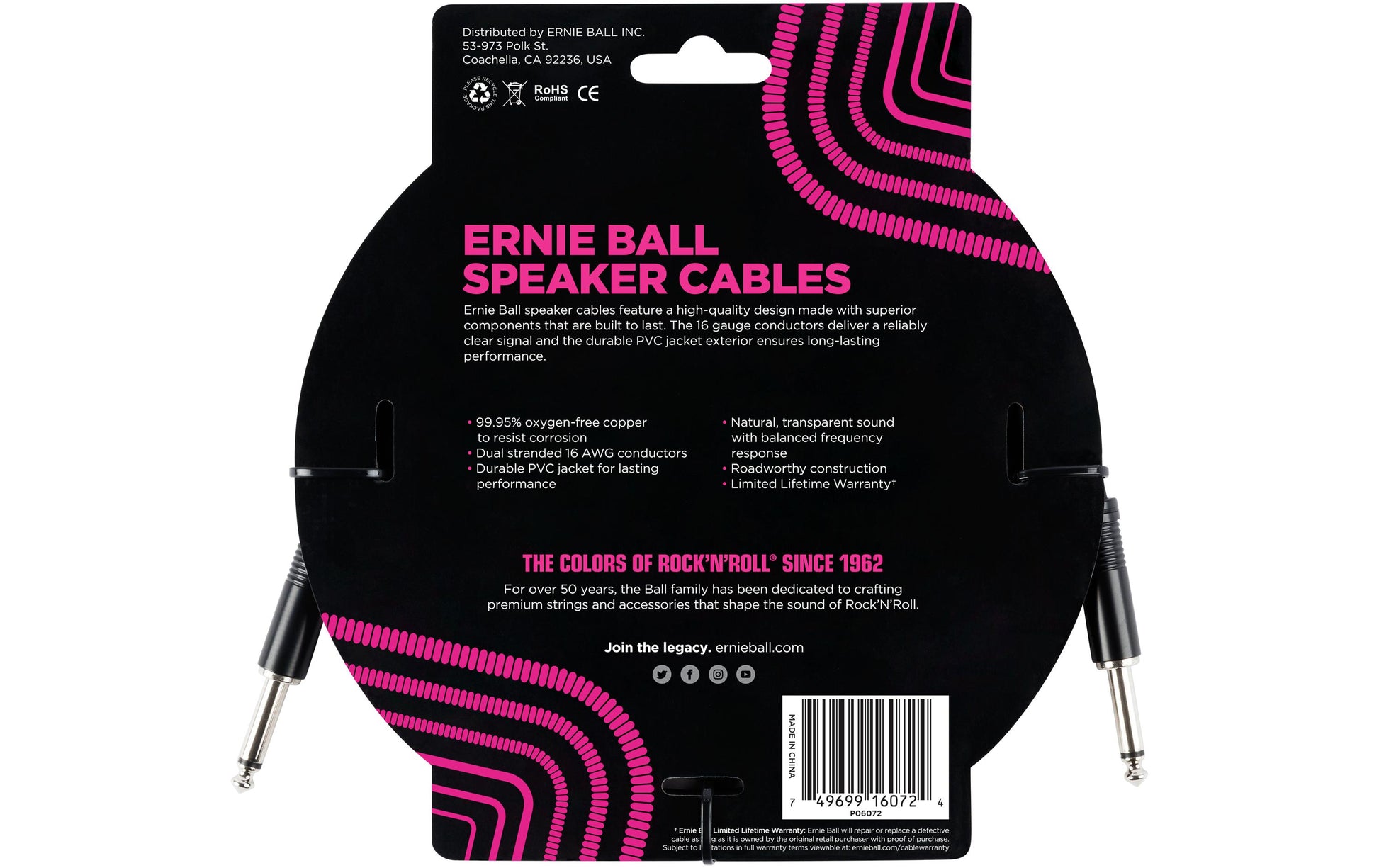 Ernie Ball 6,3 mm Klinkenkabel – Stecker zu Stecker – 1,83 m, 1,31 mm²