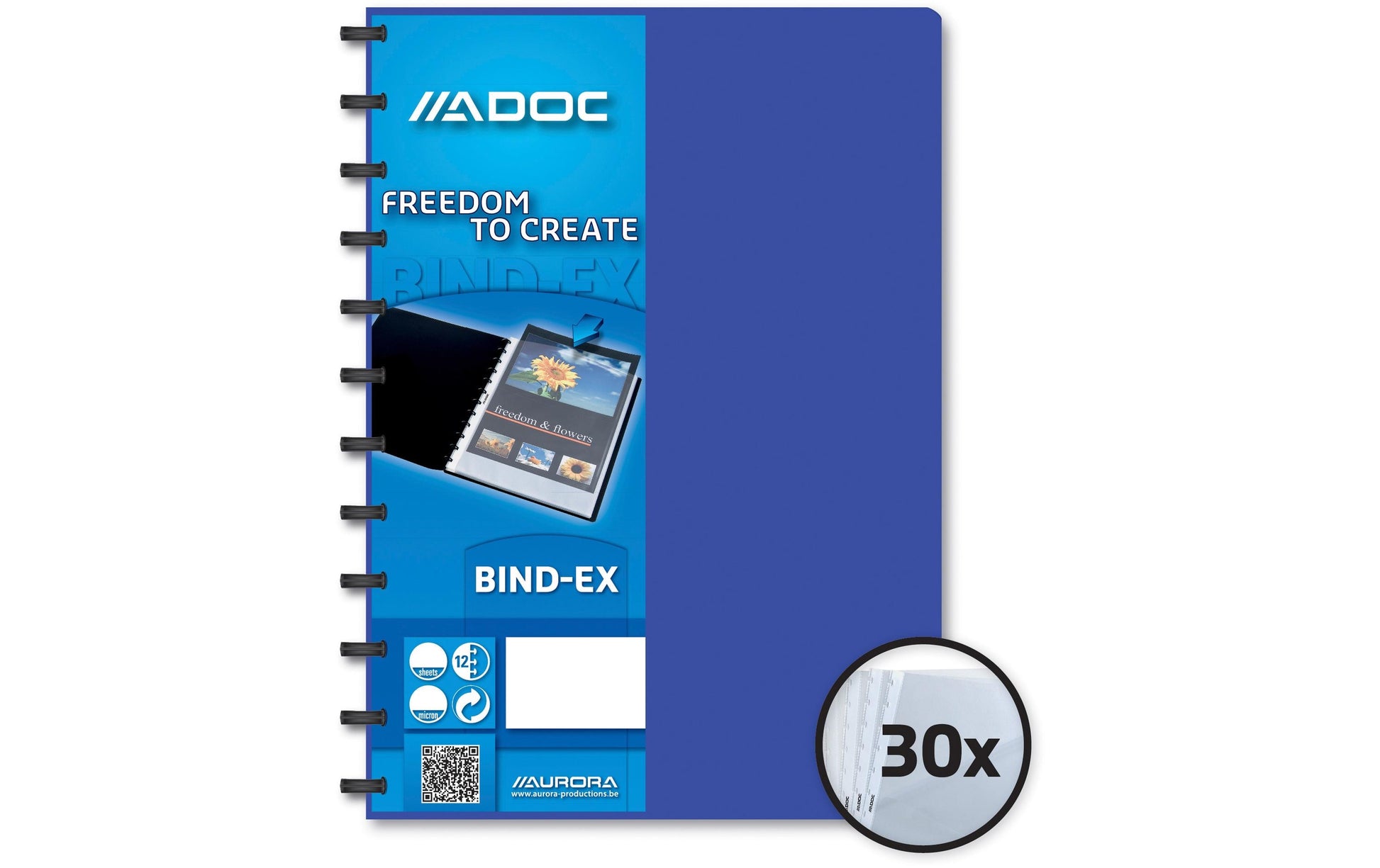 Adoc Sichtbuch Bind-Ex Aurora – 30 Sichttaschen, A4, austauschbar, genarbt, antireflex, blau, Kunststoff
