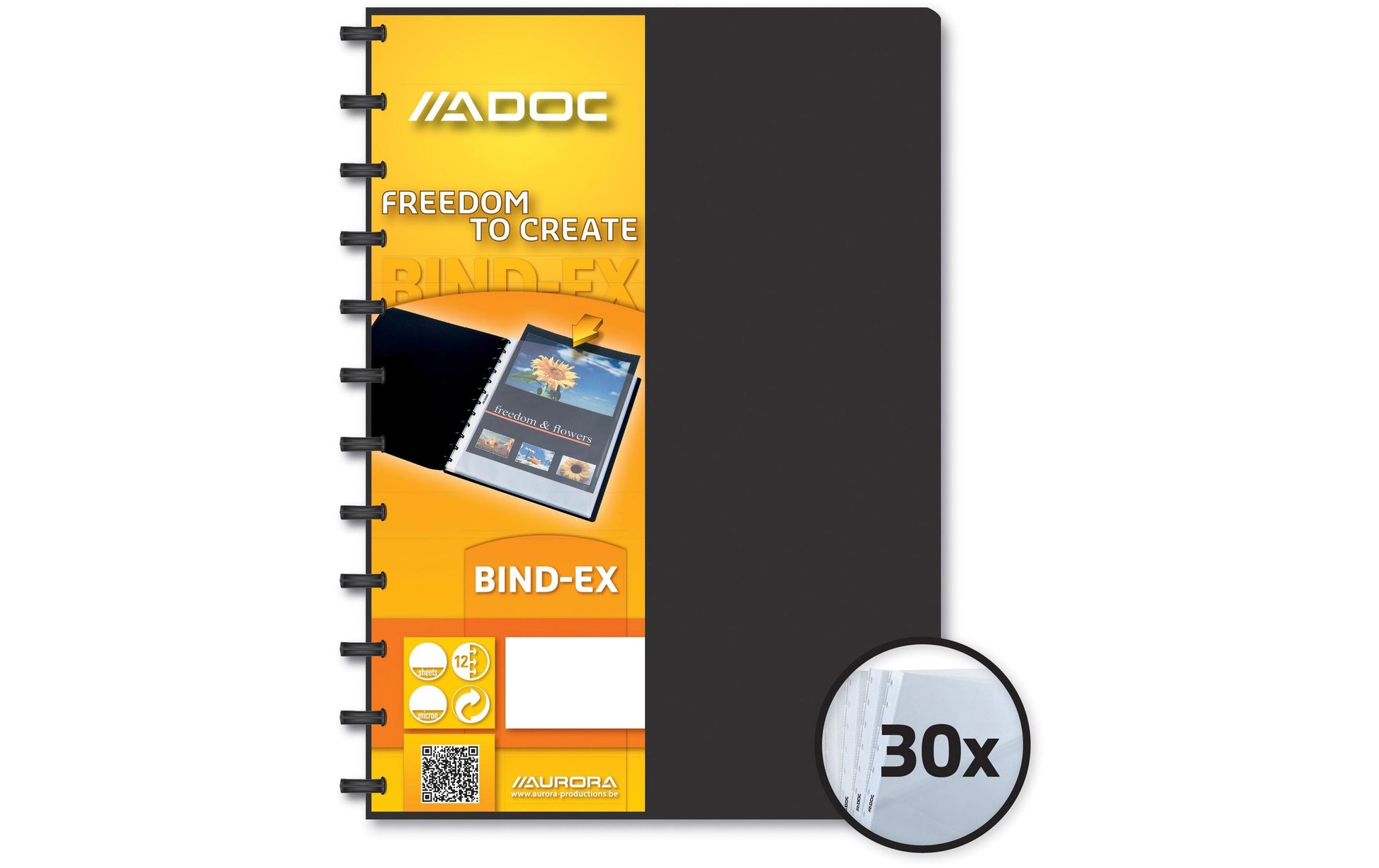 Adoc Sichtbuch Bind-Ex Aurora – 30 Sichttaschen, A4, austauschbar, genarbt, antireflex, schwarz, Kunststoff