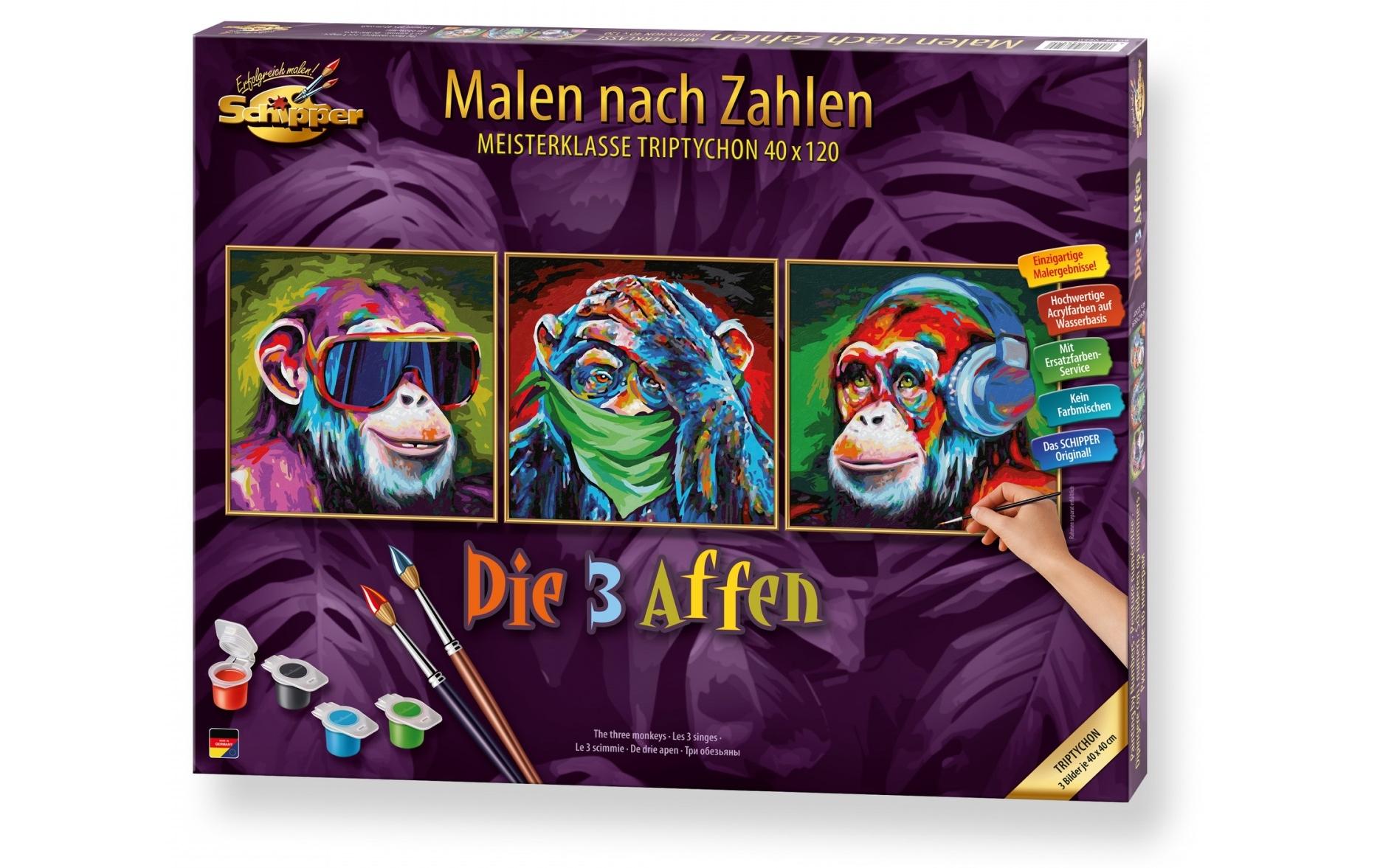 Schipper Malen-nach-Zahlen-Set – Die 3 Affen – 3-teilig, je 40 × 40 cm – ab 14 Jahren