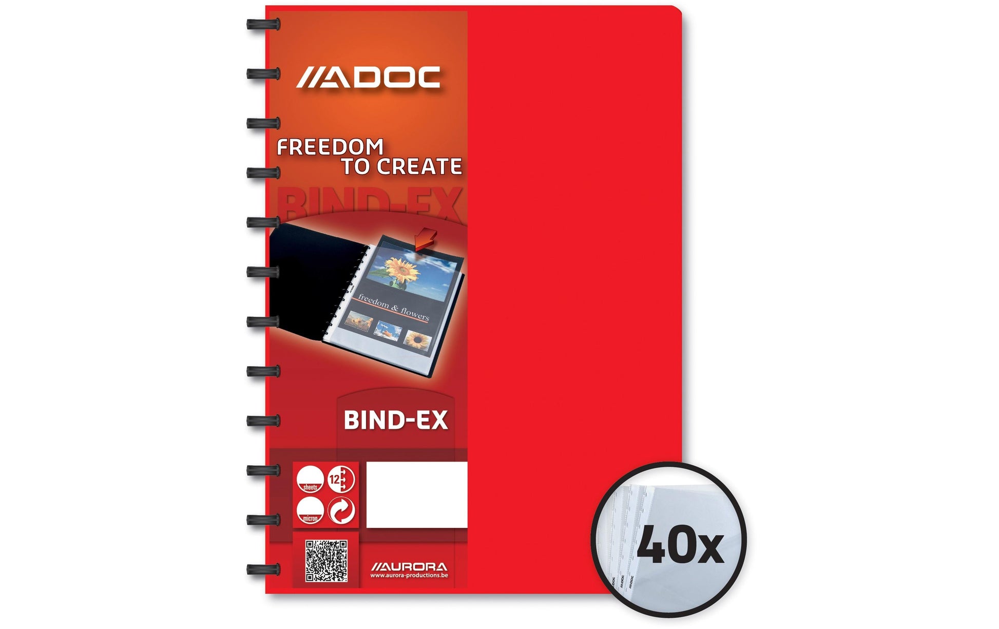 Adoc Bind-Ex Aurora Sichtbuch – 40 Sichttaschen, A4, austauschbar, genarbt, antireflex, rot, Kunststoff