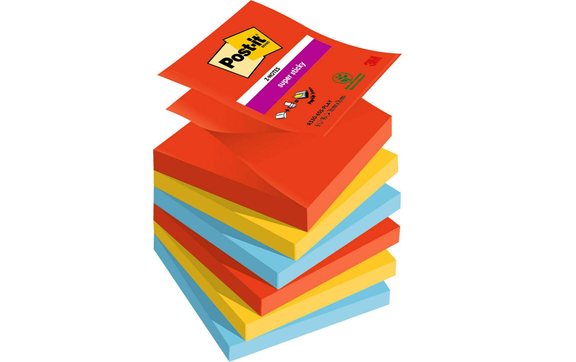 Post-it Super Sticky Haftnotizen – 76×76 mm – sortiert (ultrorot, ultragelb, paradiseblau), 6×90 Blatt