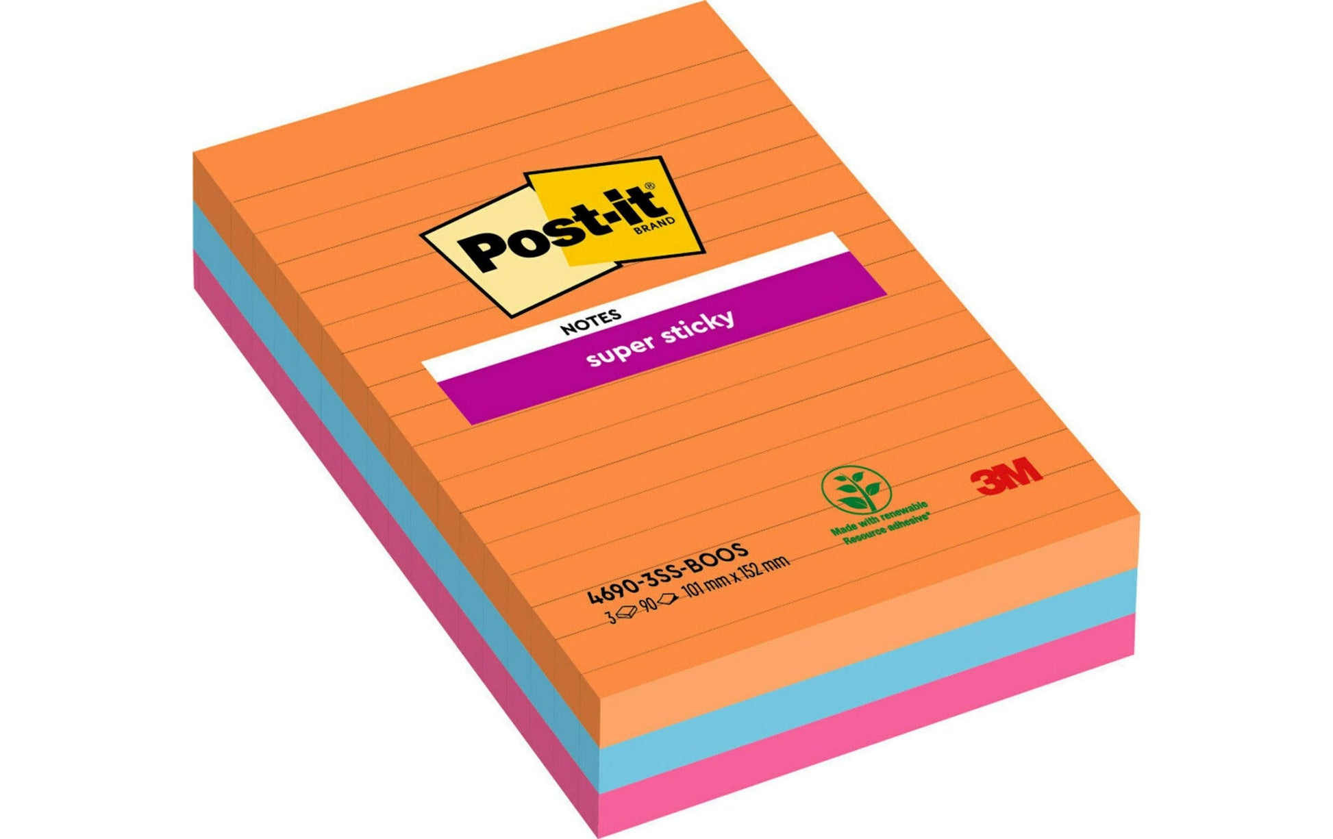 Post-it Haftnotizen Bangkok Kollektion – 101×152 mm – sortiert, 3×90 Blatt, Super Sticky, liniert, PEFC